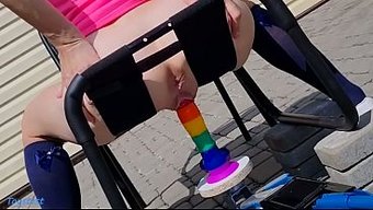 Hot Stepsister Fetish Play Centers On A Rainbow Dildo Fixed To A Car Jack